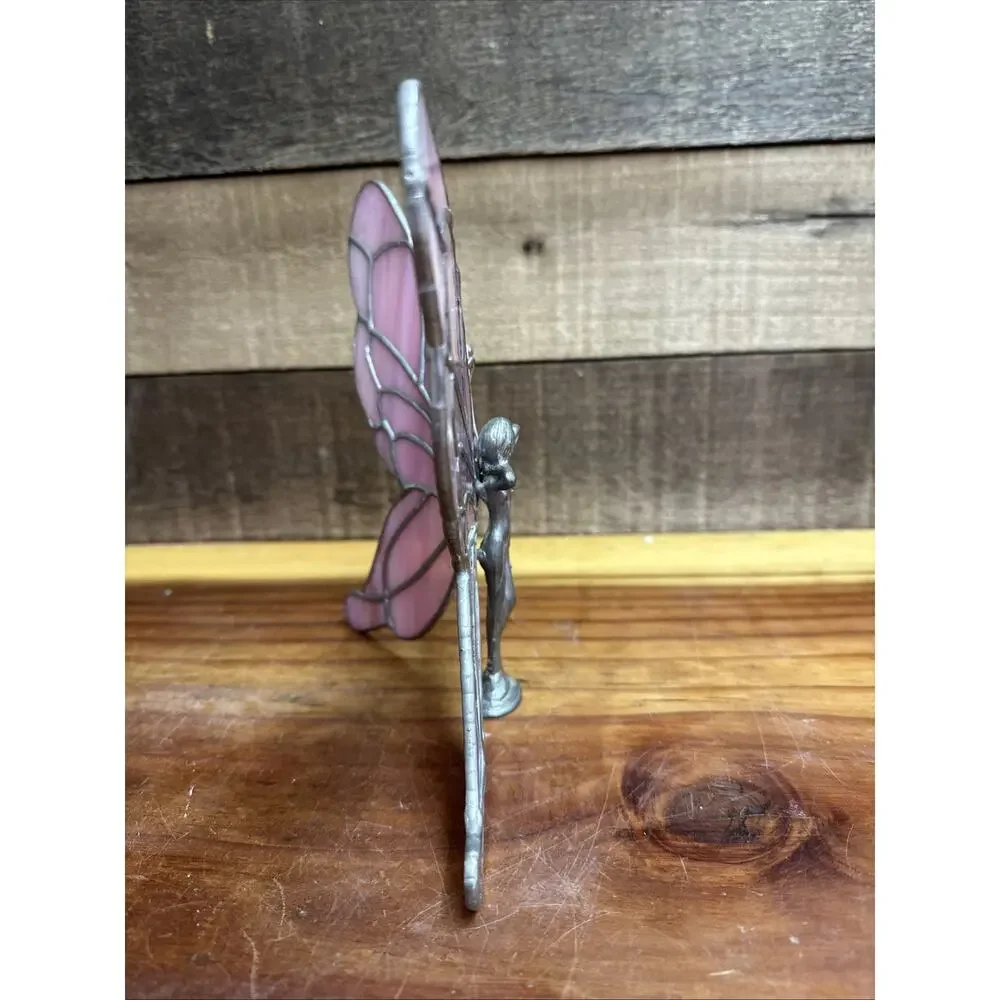Flaw-Vintage Lead Pewter Fairy with Pink Stained Glass Wings -read